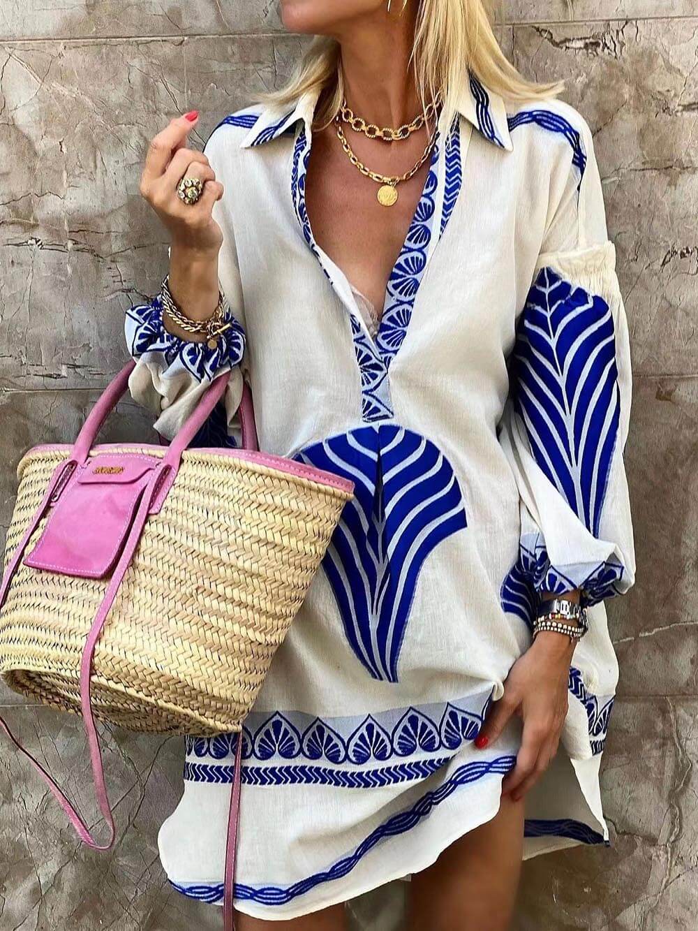 Elysia | Women's V-Neck Printed Long Sleeve Mini Dress