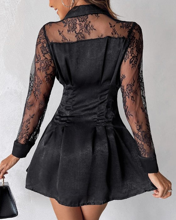 Evangeline | Women's Button Front Long Sleeve Lace Mini Dress
